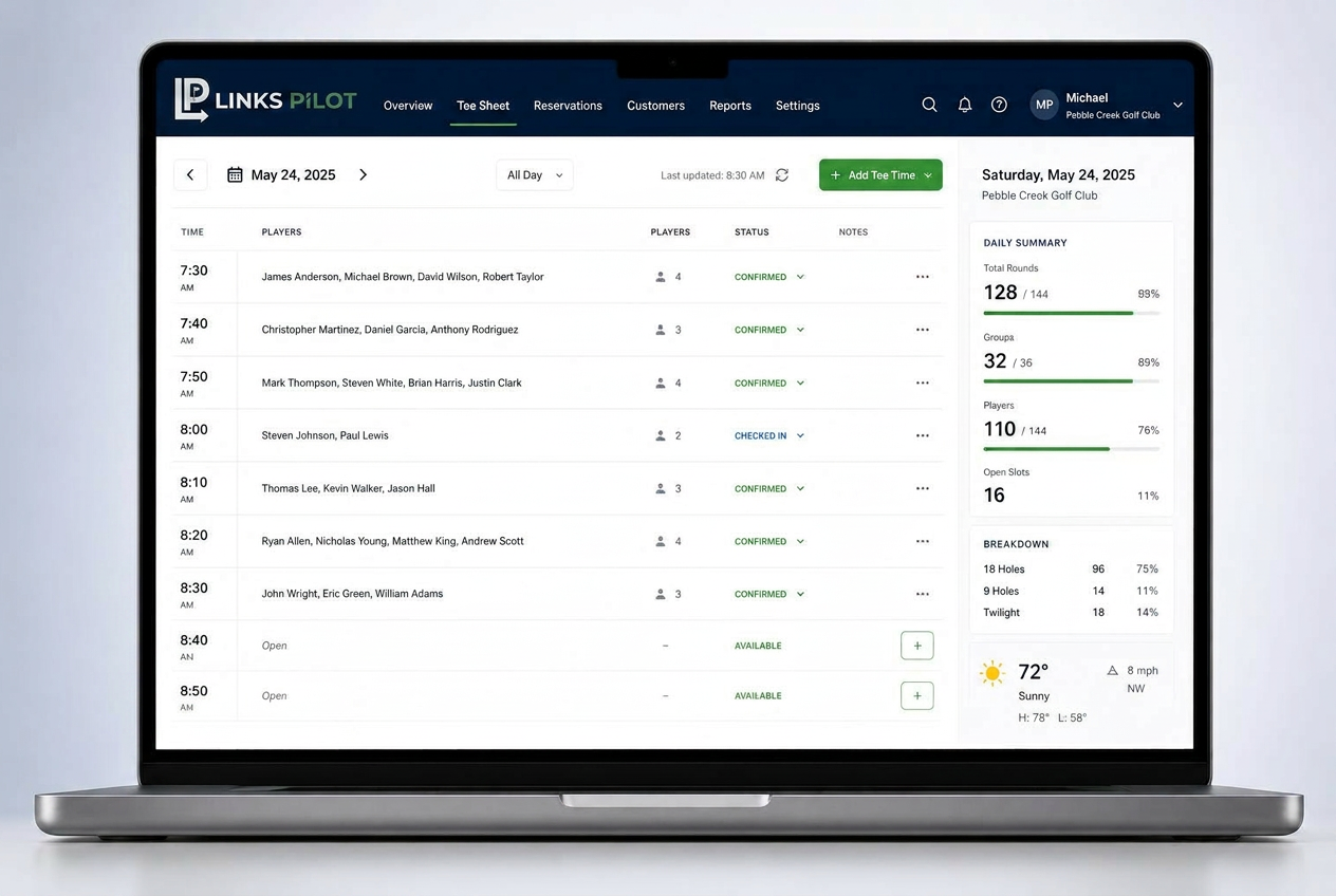 Links Pilot Booking tee sheet dashboard