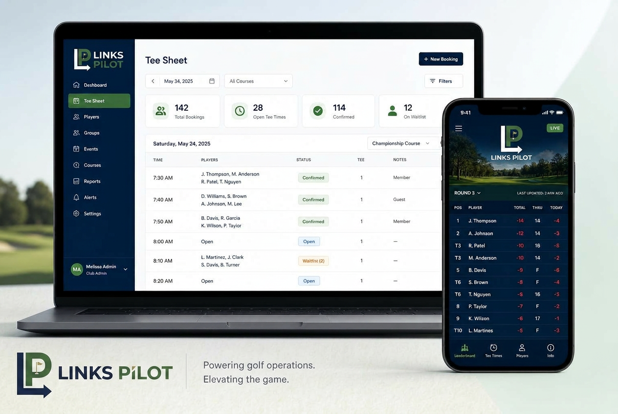 Links Pilot tee sheet management on laptop alongside live tournament leaderboard on mobile