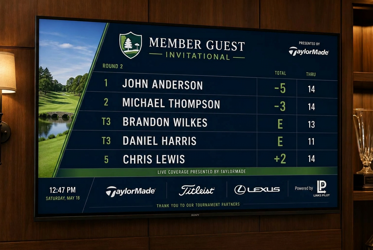 Live tournament leaderboard on clubhouse big screen display