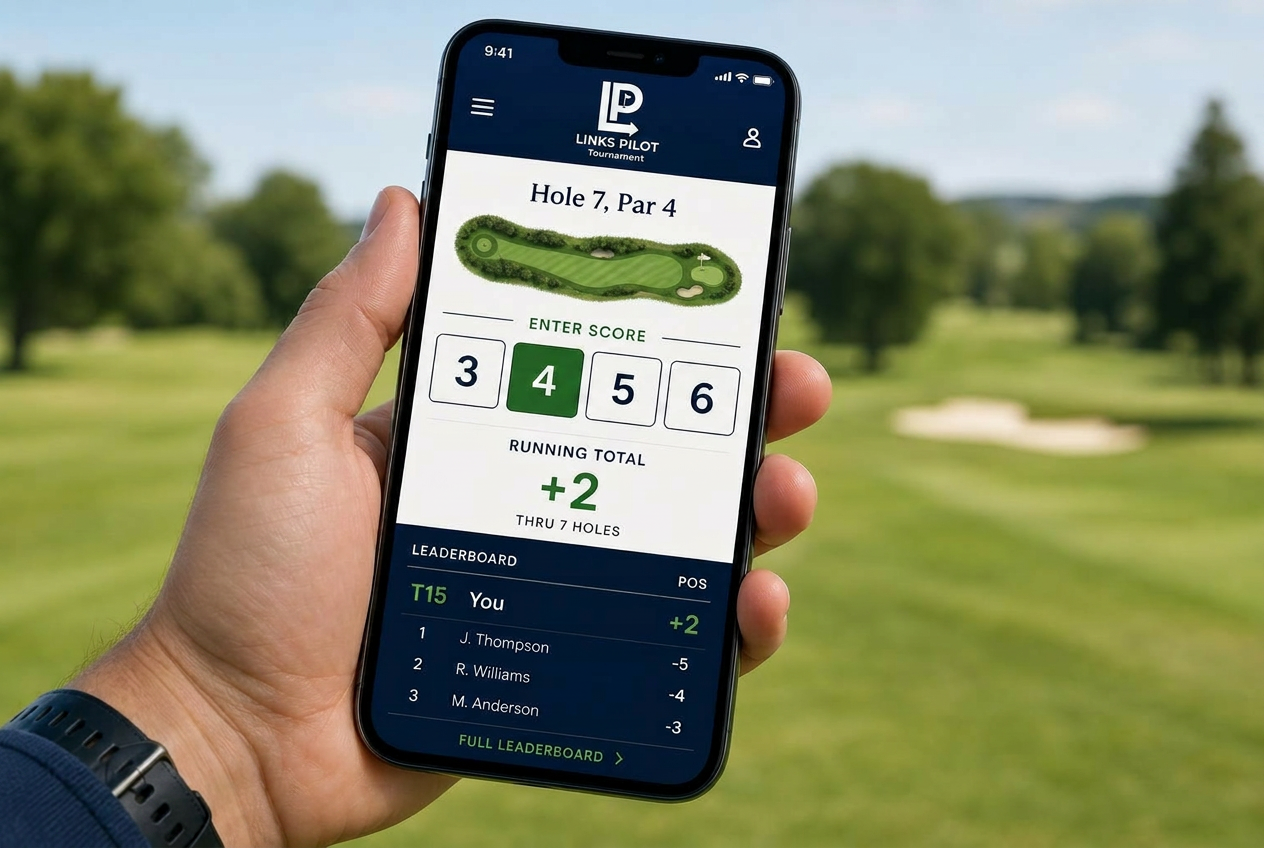 Mobile live scoring screen on a phone held on the course